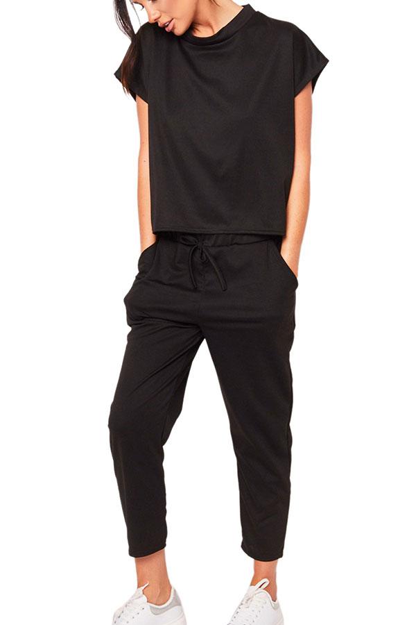 Solid Short Sleeve Tee Pocket Capri Sports Set-yoyobikini