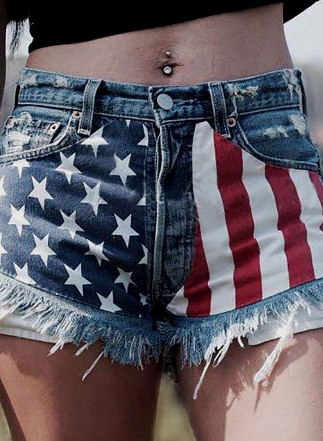 High Waisted Jean Shorts Striped Flag Star Straight Shorts-yoyobikini