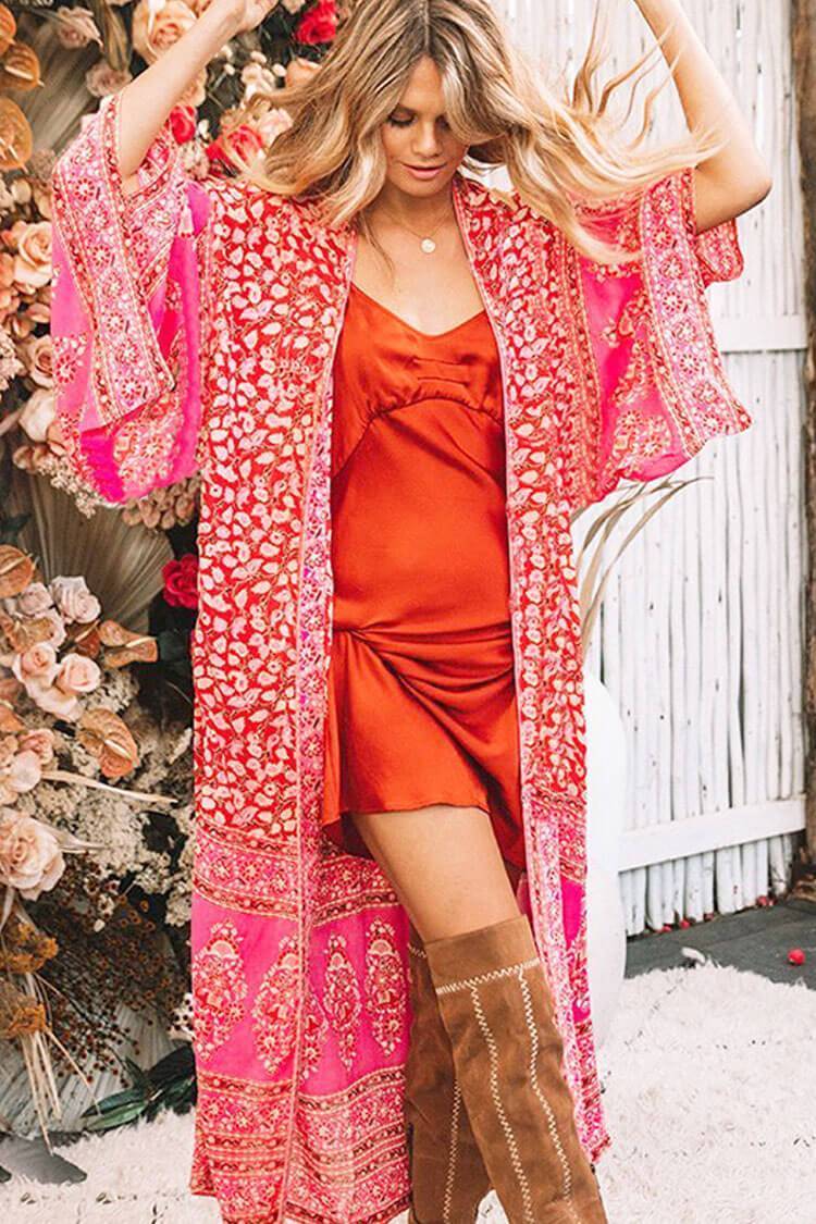 Boho Floral Kimono Maxi Chiffon Cover Up-yoyobikini
