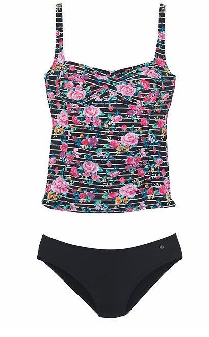 Floral Stripe Twist Adjustable Straps And Black Bottom Tankini Set-yoyobikini