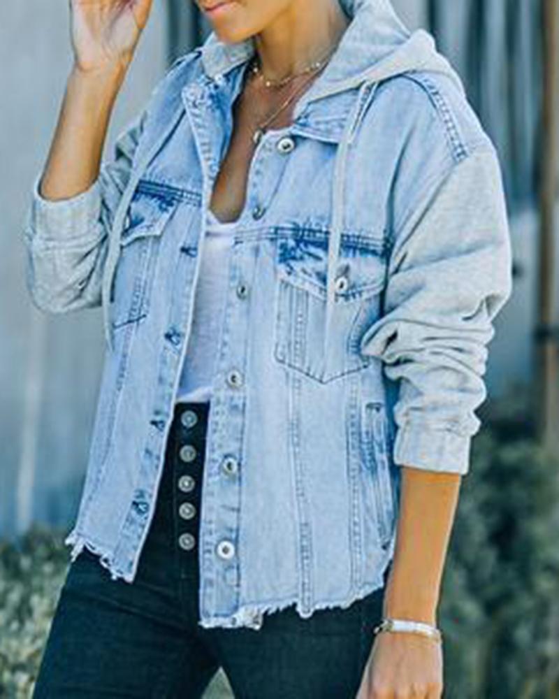 Raw Edge Drawstring Flap Pocket 2 In 1 Hooded Denim Jacket-yoyobikini