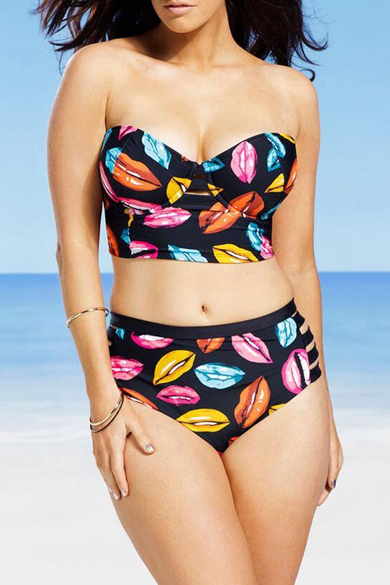 Plus Size Colorful Lips Sweetheart Bandeau Bikini Swimsuit - Two Piece Set-yoyobikini