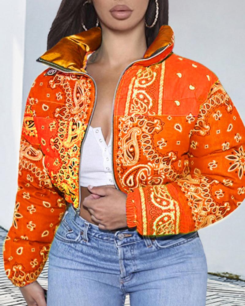 Paisley Pattern Zip Up Crop Puffer Jacket-yoyobikini