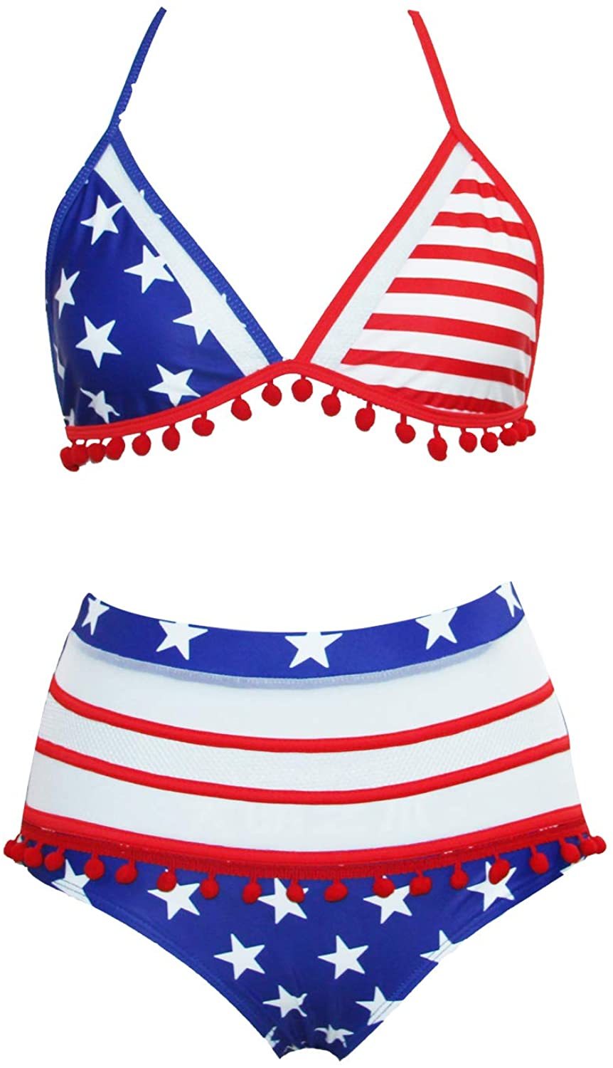 Women's American Flag Halter Padded High Waisted Bikinis Set-yoyobikini
