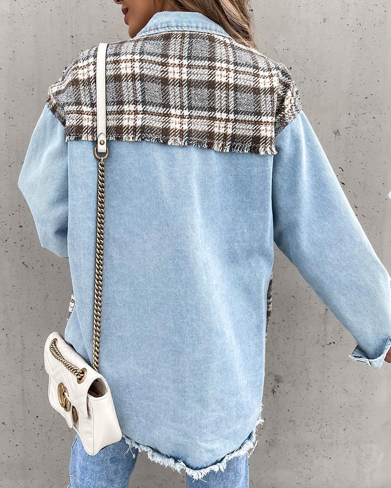 Plaid Spliced Raw Edge Button Up Denim Jacket-yoyobikini