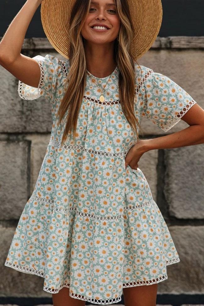 Daisy Floral Sleeved Openwork Beach Babydoll Dress