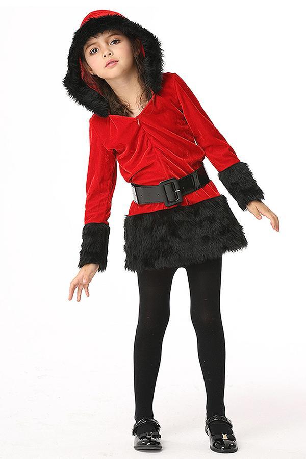 Fur Trim Hooded V Neck Christmas Dress Kids Girls Santa Claus Costume-yoyobikini