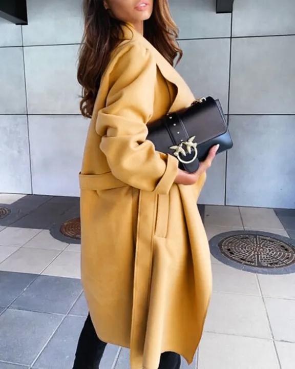 Solid Belted Waterfall Collar Coat-yoyobikini