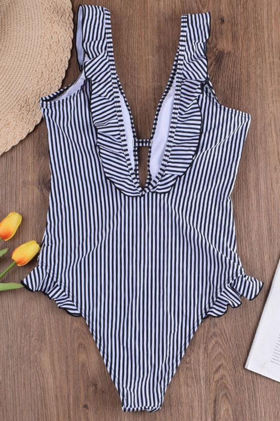 Retro Striped Ruffle V Neck One Piece Swimsuit – yoyobikini