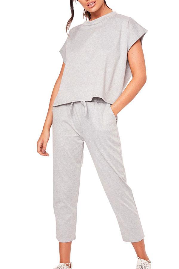 Solid Short Sleeve Tee Pocket Capri Sports Set-yoyobikini