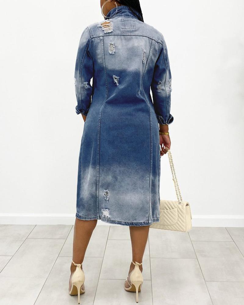 Ripped Button Up Flap Pocket Longline Denim Coat-yoyobikini