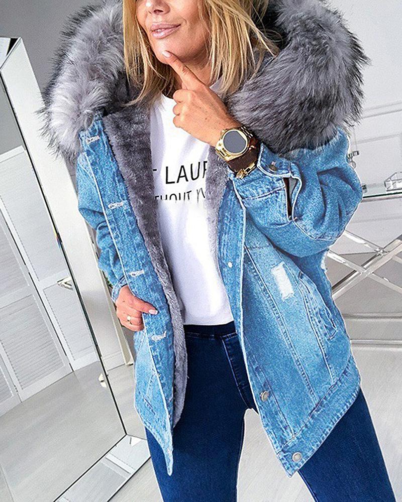 Ripped Contrast Feather Button Up Hooded Denim Coat-yoyobikini