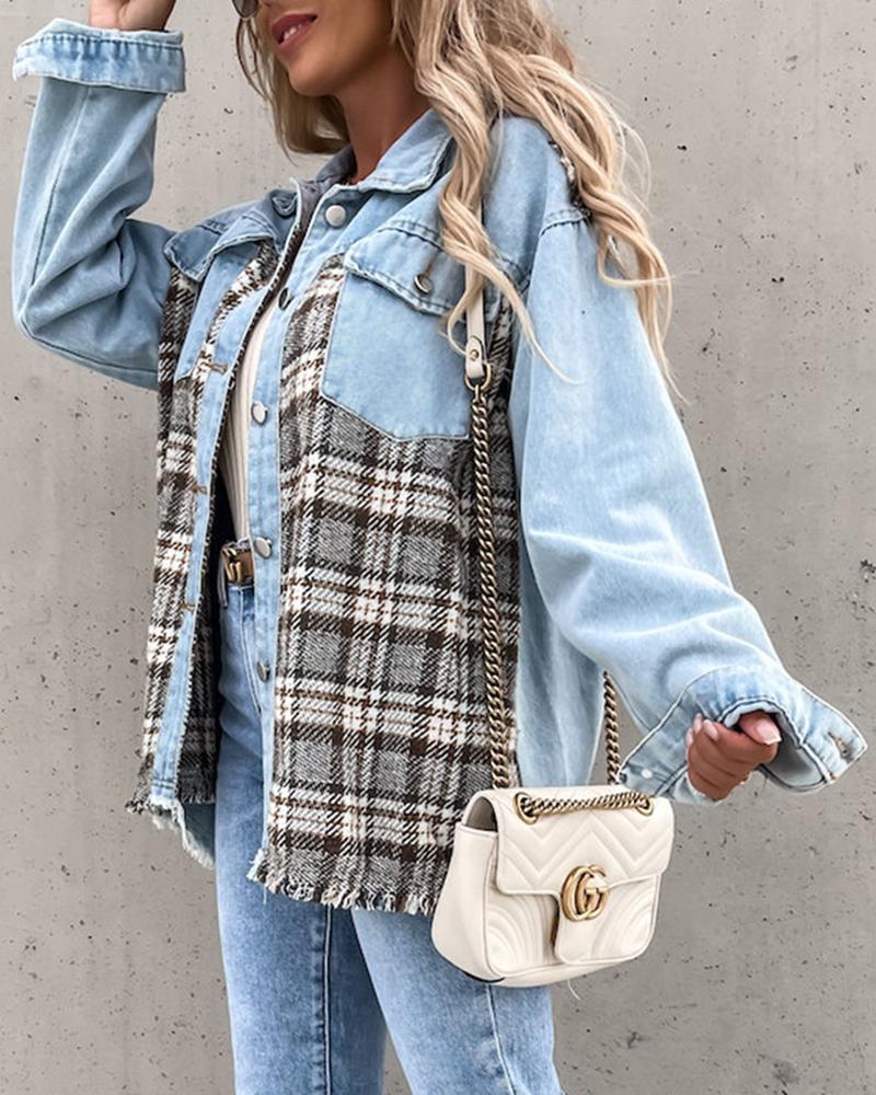 Plaid Spliced Raw Edge Button Up Denim Jacket-yoyobikini