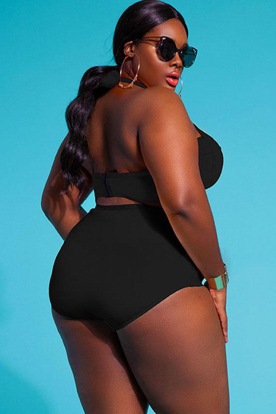Plus Size Mesh Panel High Waist Halter Bikini Swimsuit - Two Piece Set-yoyobikini