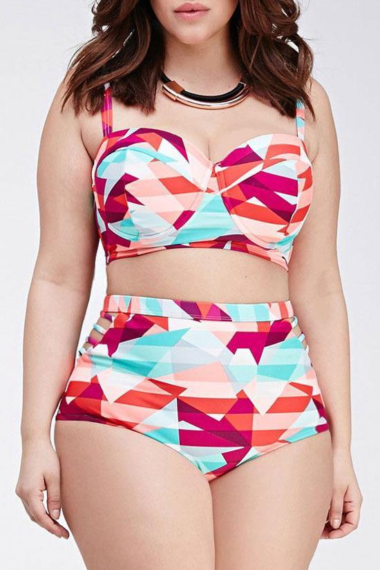 Plus Size Colorful Geometric Bandeau Bikini Swimsuit - Two Piece Set-yoyobikini