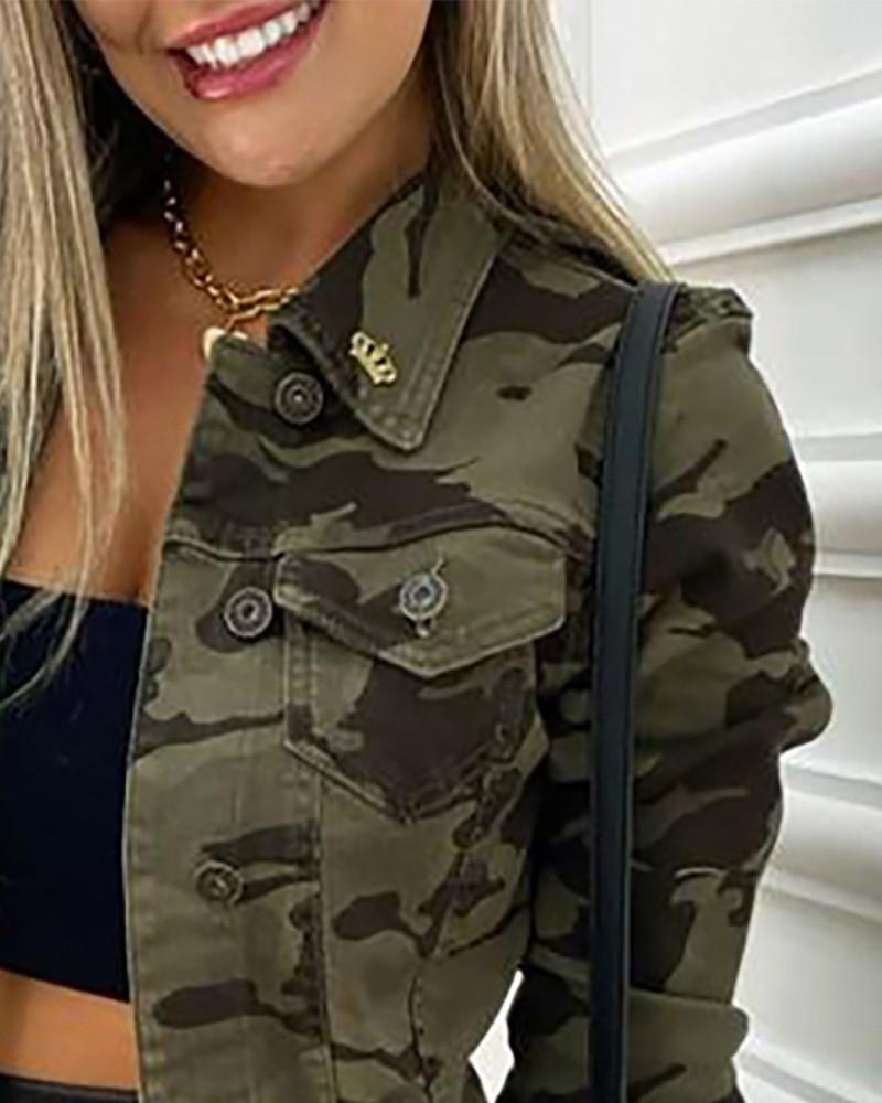 Camo Print Ripped Button Up Jacket-yoyobikini