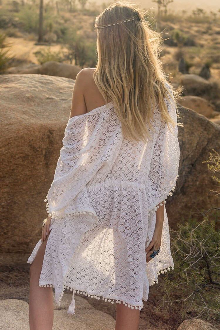 Dotted Trim Batwing Sleeve Lace Kaftan Cover Up-yoyobikini