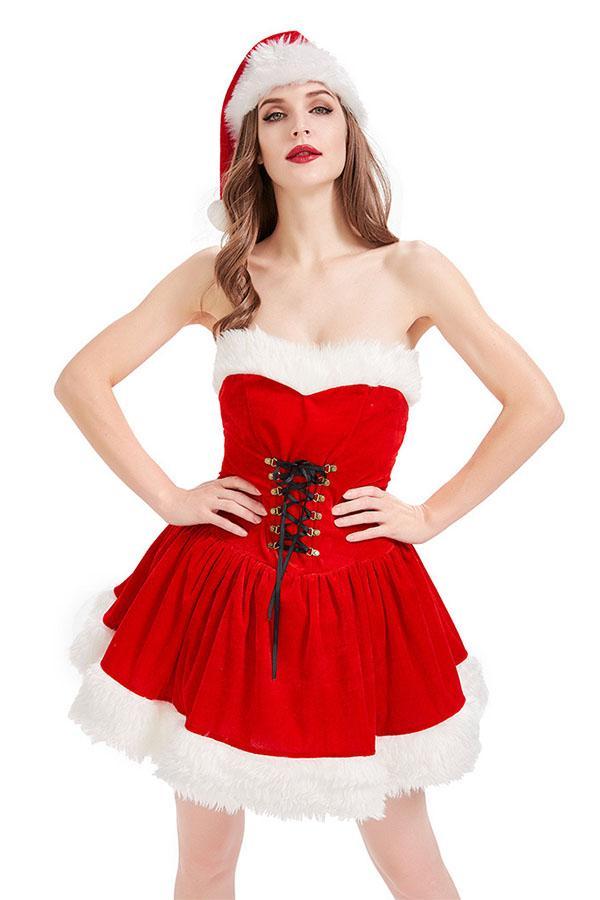 Christmas Dress Santa Women Eyelet Lace Up Costume Red-yoyobikini