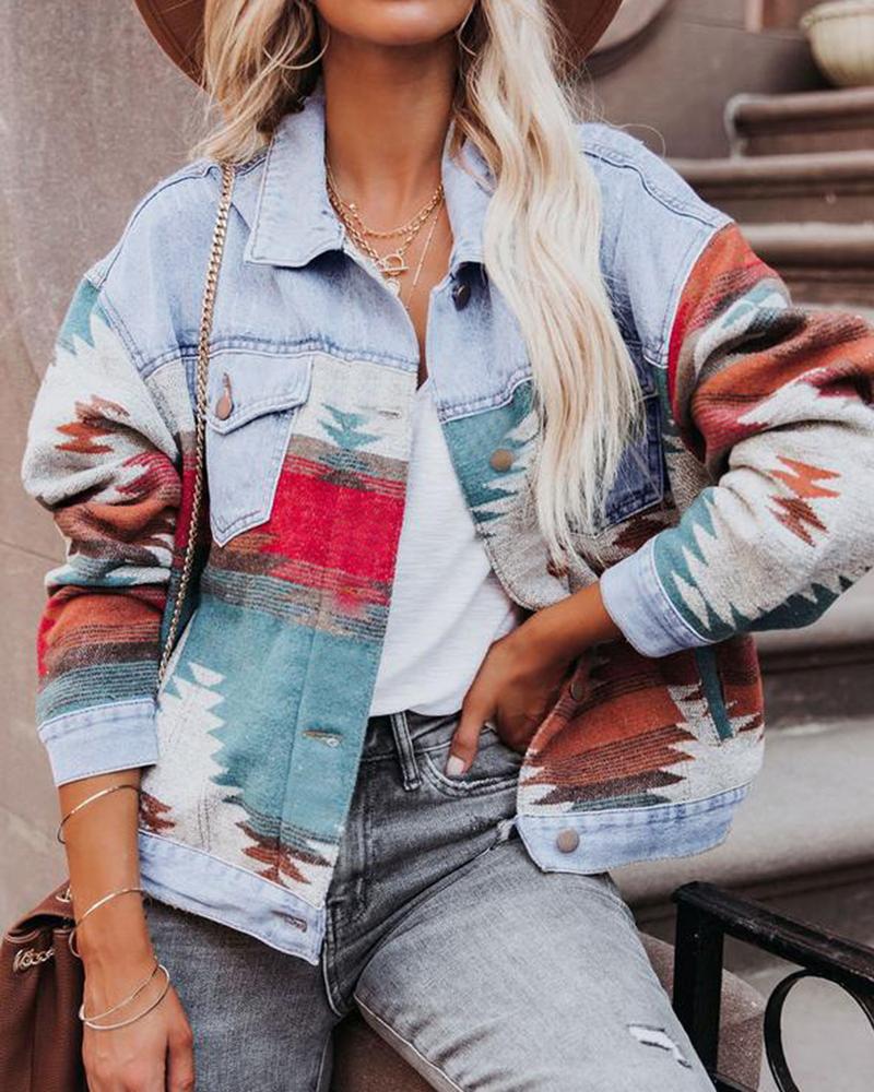 Graphic Print Flap Pocket Front Denim Jacket-yoyobikini