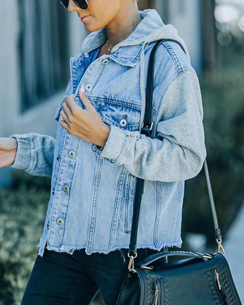 Raw Edge Drawstring Flap Pocket 2 In 1 Hooded Denim Jacket-yoyobikini