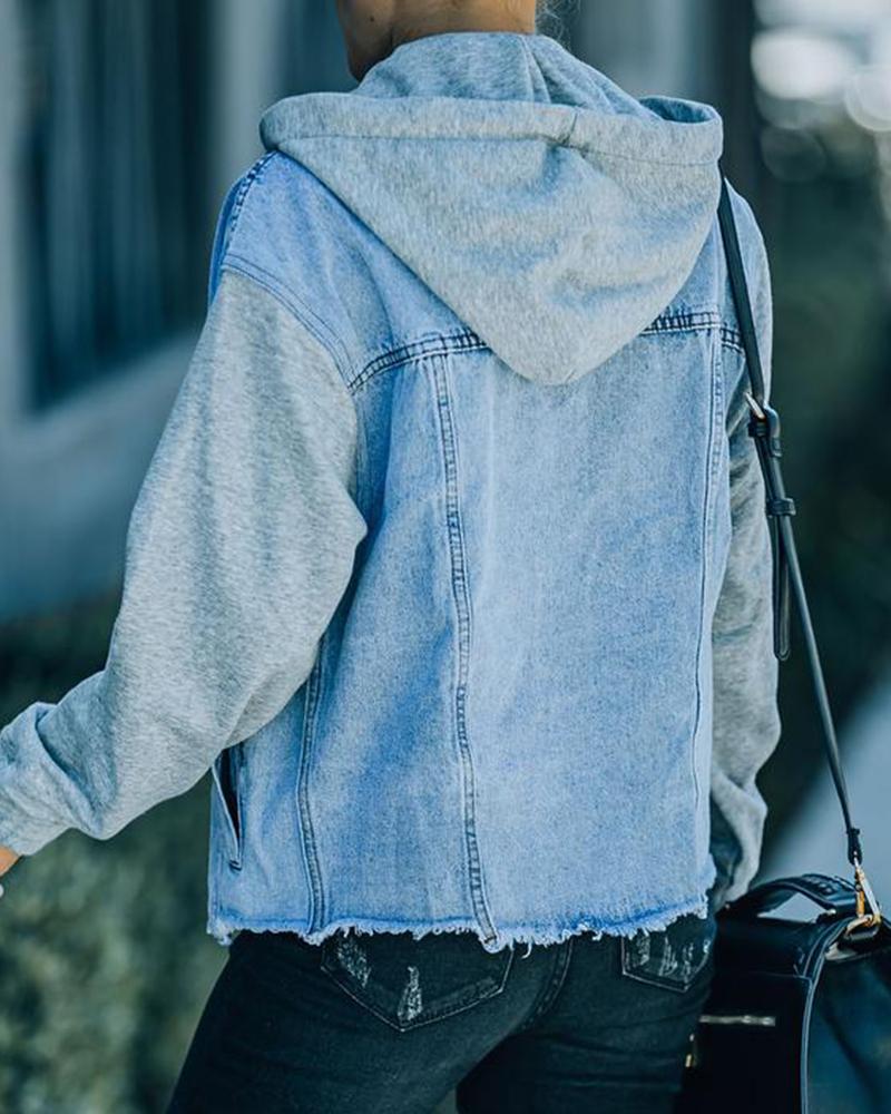 Raw Edge Drawstring Flap Pocket 2 In 1 Hooded Denim Jacket-yoyobikini