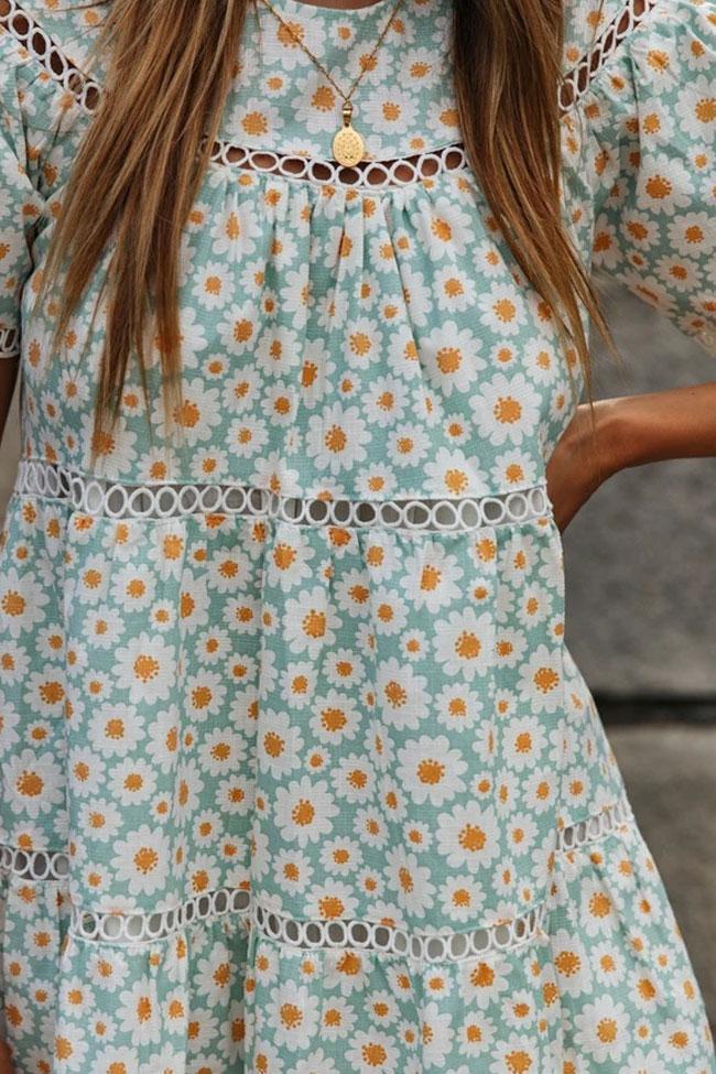 Daisy Floral Sleeved Openwork Beach Babydoll Dress