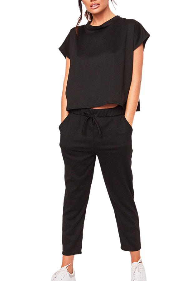 Solid Short Sleeve Tee Pocket Capri Sports Set-yoyobikini