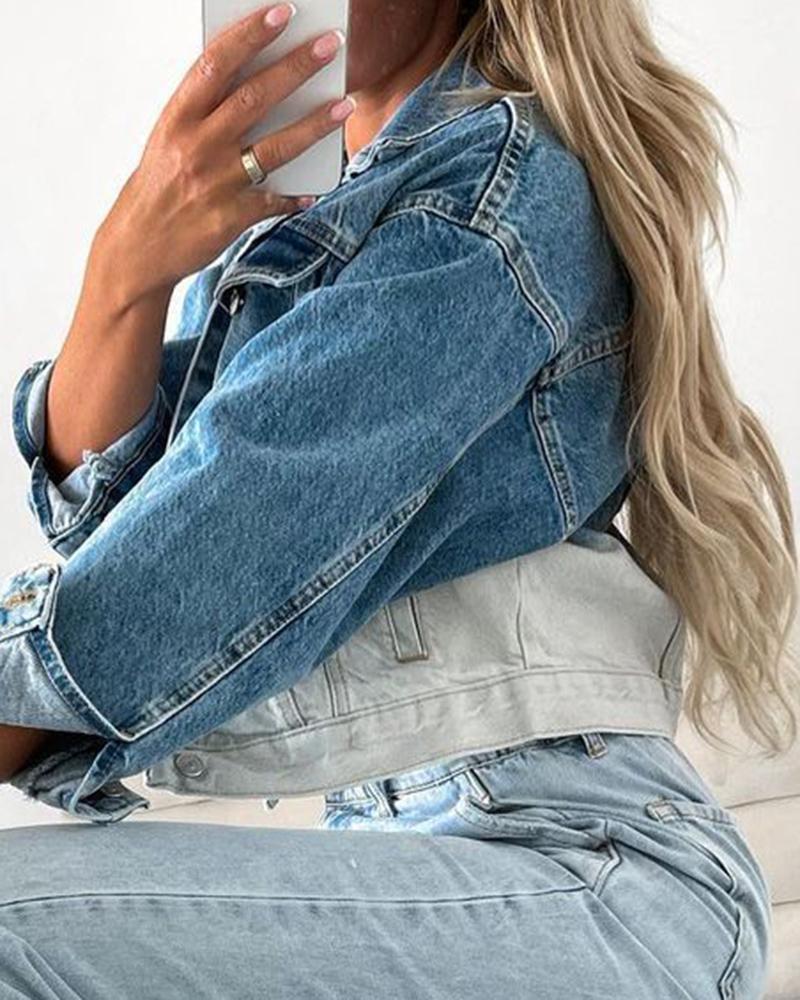 Two Tone Button Front Flap Pocket Denim Jacket-yoyobikini
