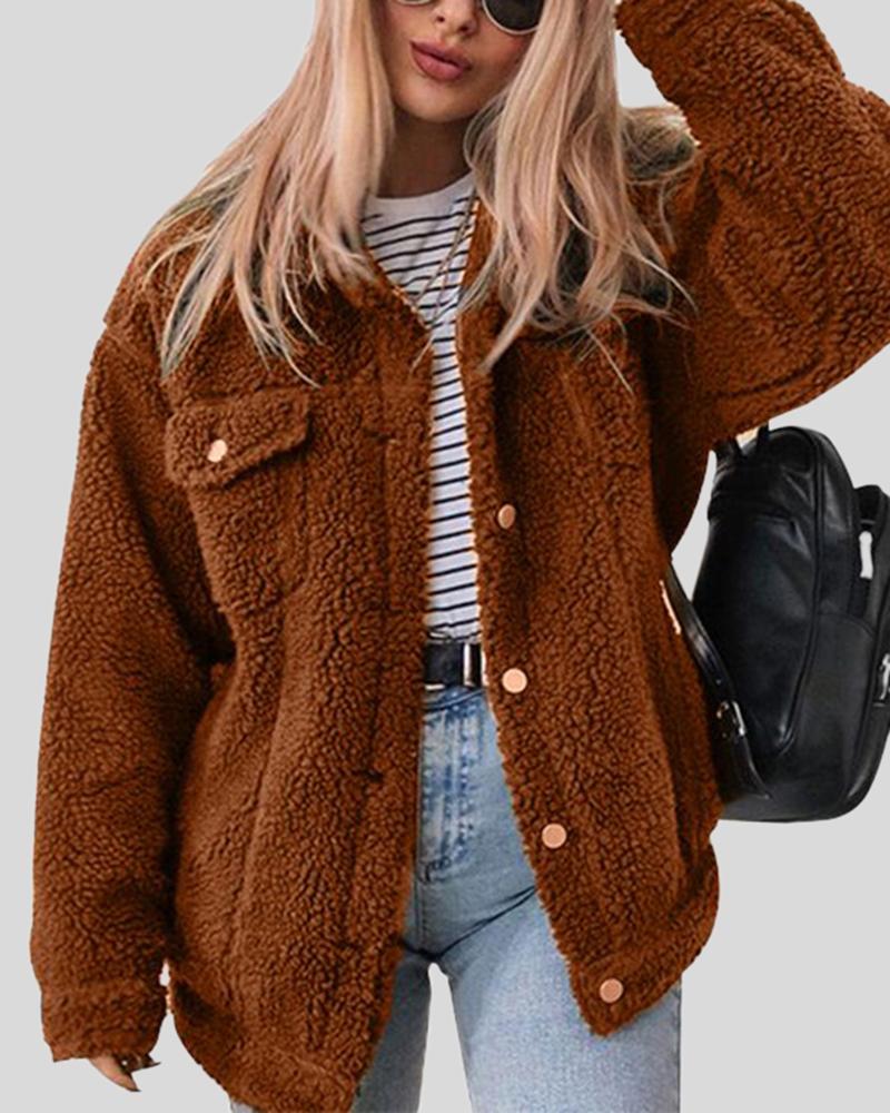 Faux Fur Flap Pocket Button Up Coat-yoyobikini