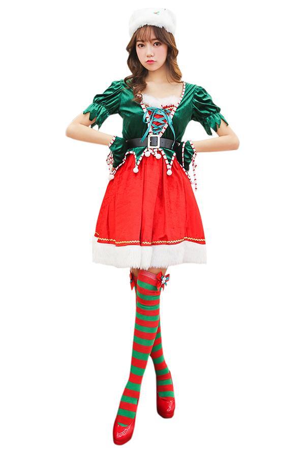 Womens Lace Up Short Sleeve Elf Christmas Dress Santa Help Costume Red-yoyobikini