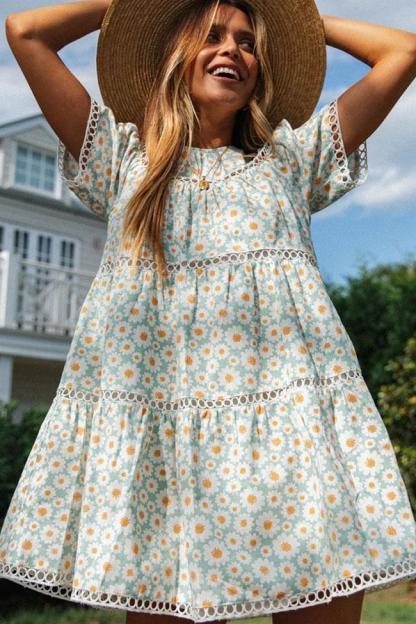 Daisy Floral Sleeved Openwork Beach Babydoll Dress