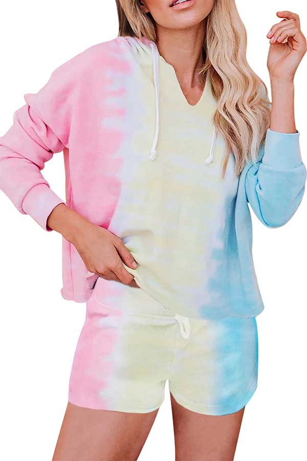 Long Sleeve Tie Dye Hooodie And Shorts Pajamas Set-yoyobikini