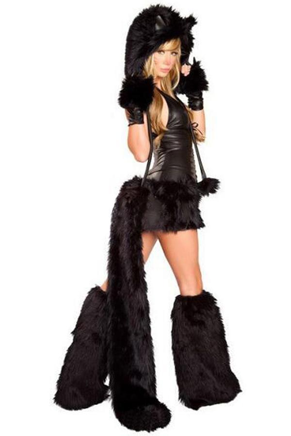 Womens Sexy Black Cat Furry Costume-yoyobikini
