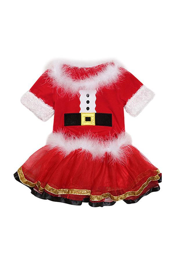 Short Sleeve Fur Trim Christmas Dress Kids Girls Santa Costume Red-yoyobikini