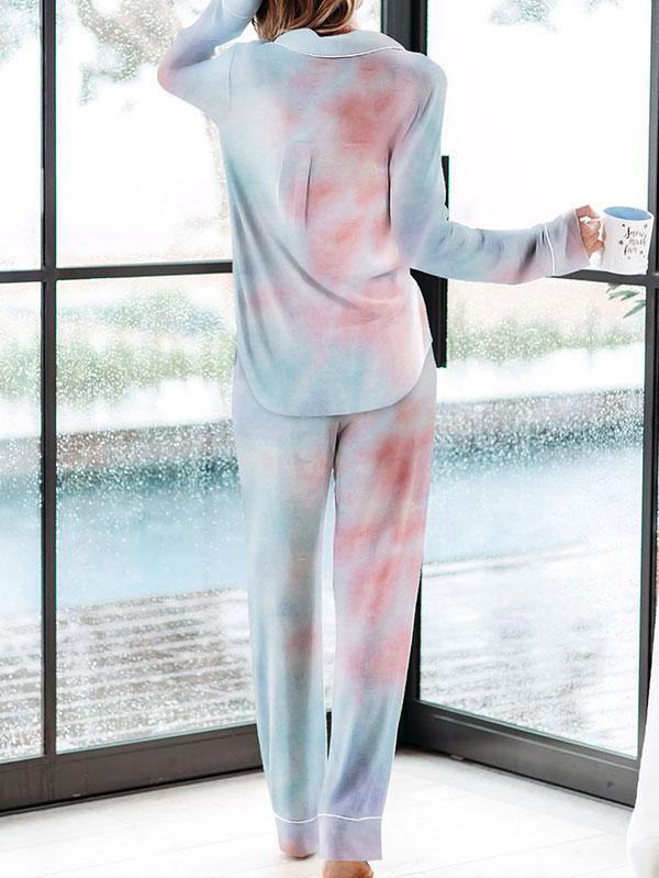 Tie Dye Long Sleeve Top Drawstring Pocket Pants Pajama Set-yoyobikini
