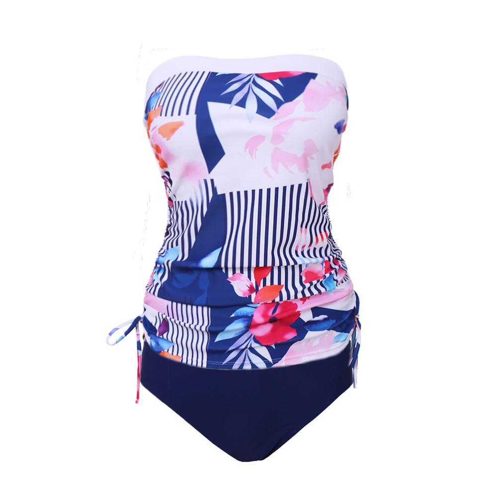 Floral & Blue Strapless Shirring Bandeau Two Piece Tankini swimsuit-yoyobikini