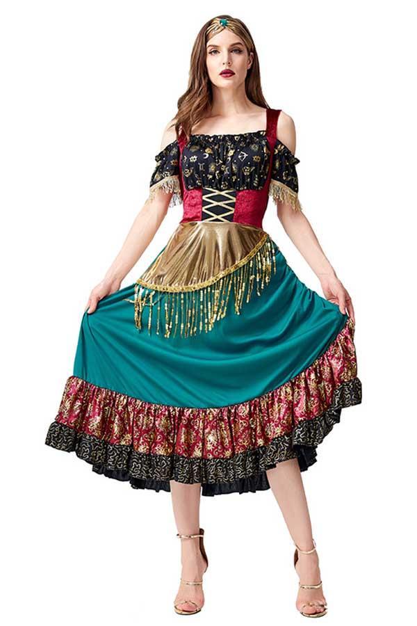 Flamenco Gypsy Costume Halloween Costume Green-yoyobikini