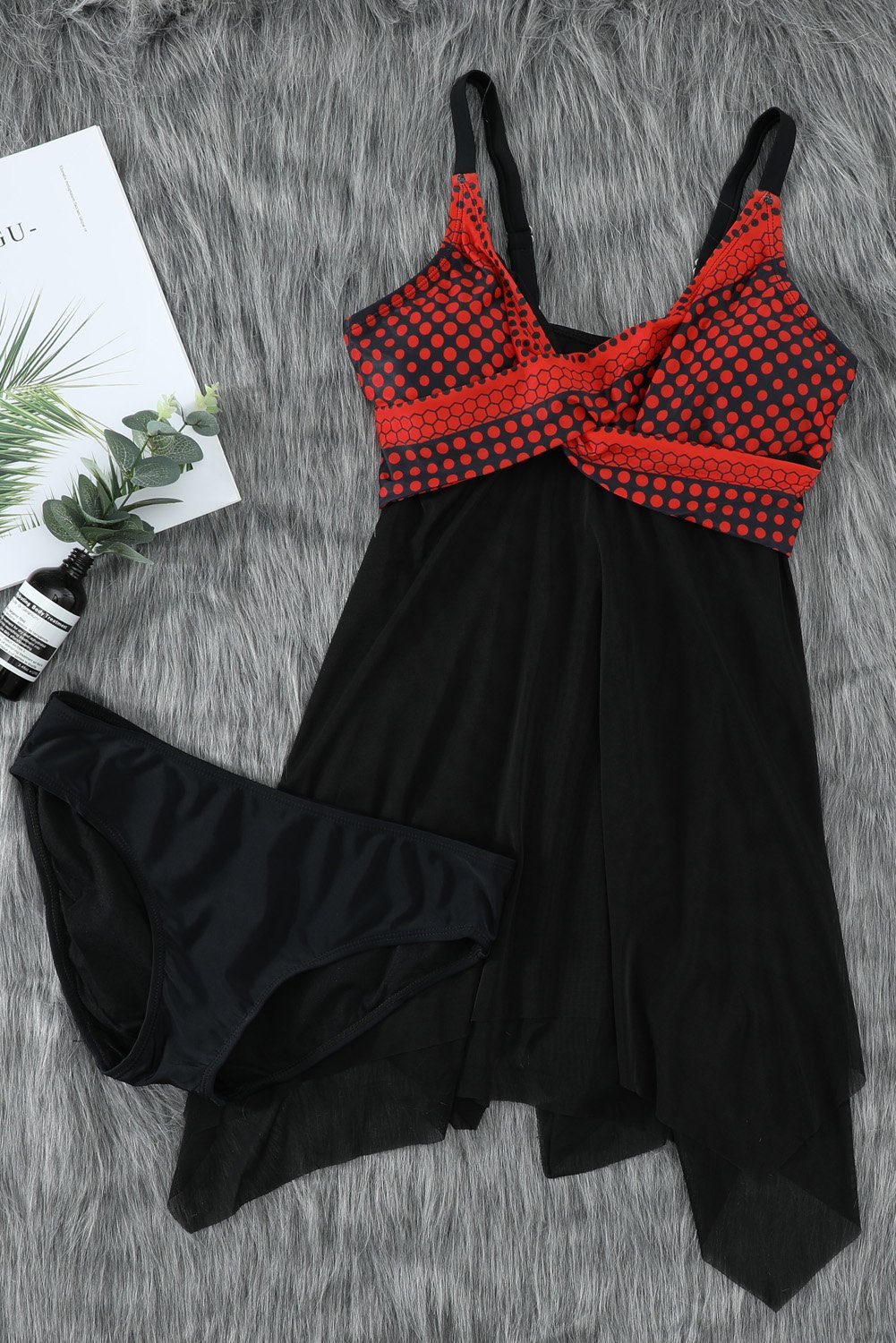 Orange Retro Polka Dot Print Handkerchief Hem Tankini Set-yoyobikini