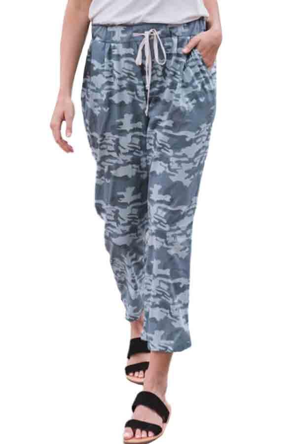 Women's Camouflage Print Pocket Loose Pajama Pants Blue-yoyobikini
