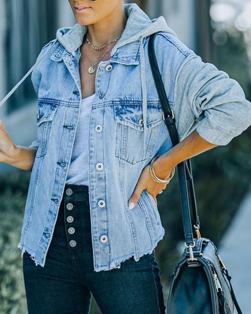 Raw Edge Drawstring Flap Pocket 2 In 1 Hooded Denim Jacket-yoyobikini