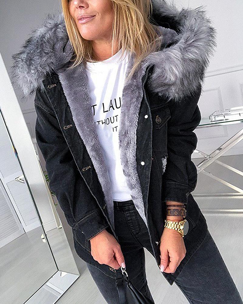 Ripped Contrast Feather Button Up Hooded Denim Coat-yoyobikini