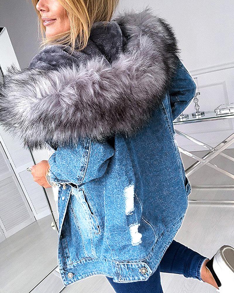 Ripped Contrast Feather Button Up Hooded Denim Coat-yoyobikini