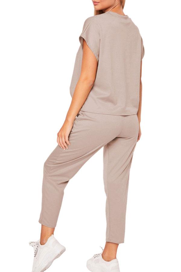 Solid Short Sleeve Tee Pocket Capri Sports Set-yoyobikini