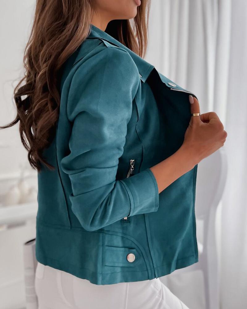 Solid Zip Front Button Detail Slant Pocket Moto Jacket-yoyobikini
