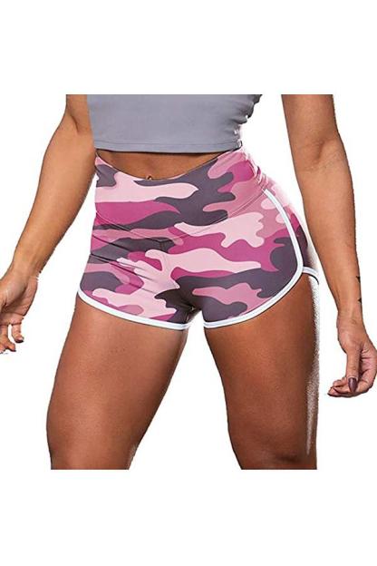 Camouflage Print High Waisted Fitness Workout Shorts For Women Pink-yoyobikini