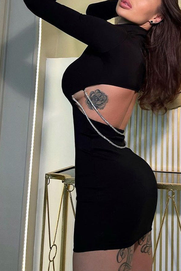 Backless Hollow Chain Slim Long Sleeve Dress-yoyobikini