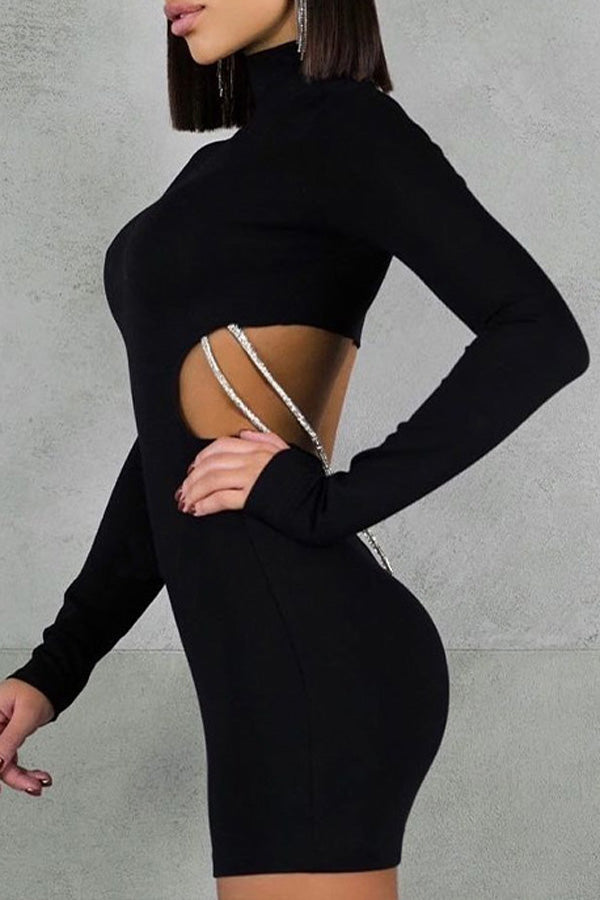 Backless Hollow Chain Slim Long Sleeve Dress-yoyobikini