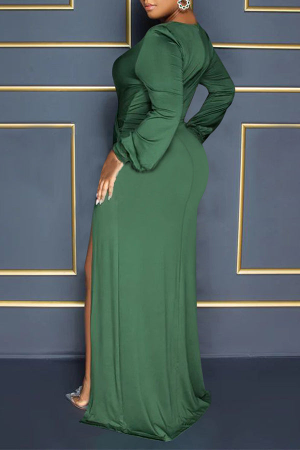 Balloon Sleeve V Neck Solid Color Slit Maxi Dress-yoyobikini