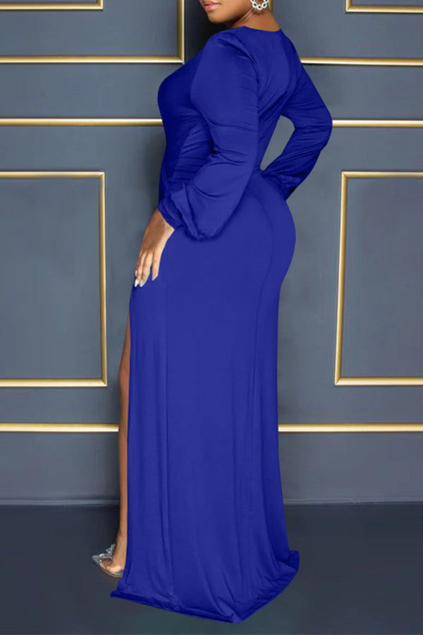 Balloon Sleeve V Neck Solid Color Slit Maxi Dress-yoyobikini