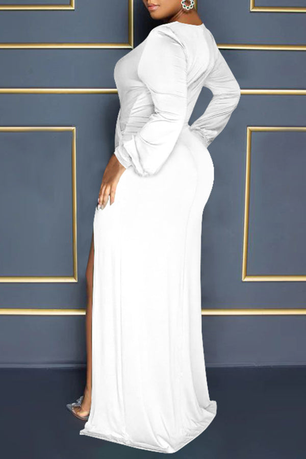 Balloon Sleeve V Neck Solid Color Slit Maxi Dress-yoyobikini
